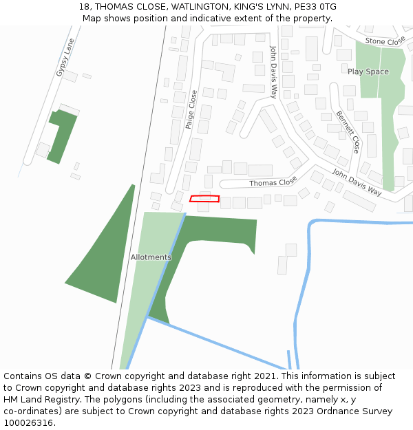 18, THOMAS CLOSE, WATLINGTON, KING'S LYNN, PE33 0TG: Location map and indicative extent of plot