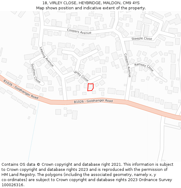 18, VIRLEY CLOSE, HEYBRIDGE, MALDON, CM9 4YS: Location map and indicative extent of plot