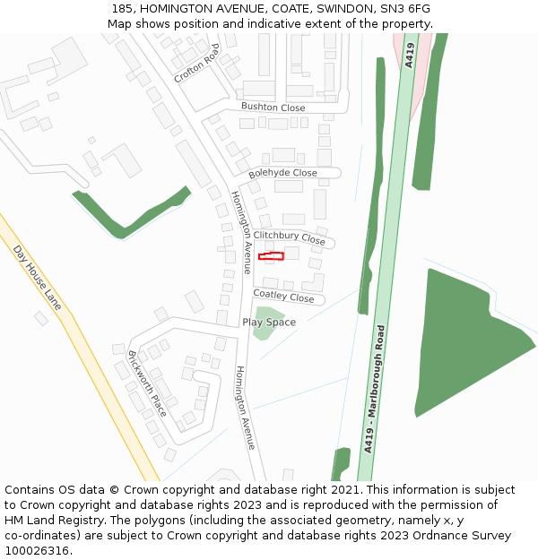 185, HOMINGTON AVENUE, COATE, SWINDON, SN3 6FG: Location map and indicative extent of plot