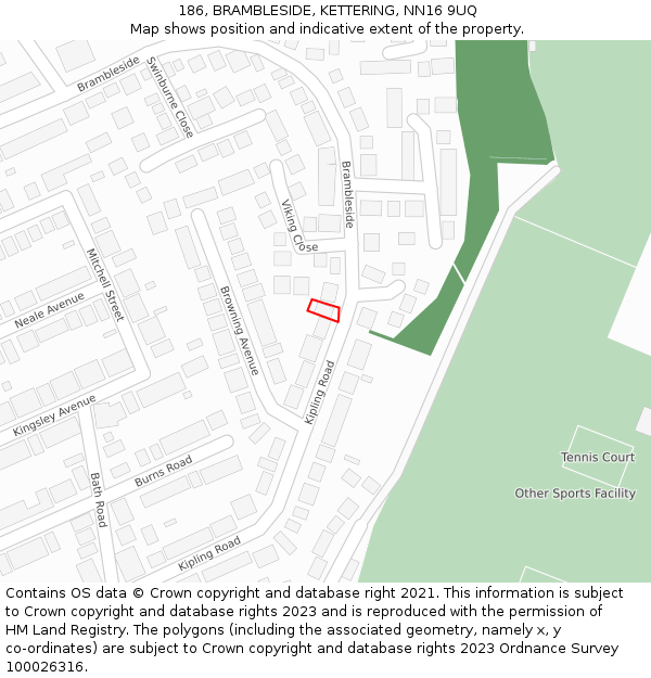 186, BRAMBLESIDE, KETTERING, NN16 9UQ: Location map and indicative extent of plot
