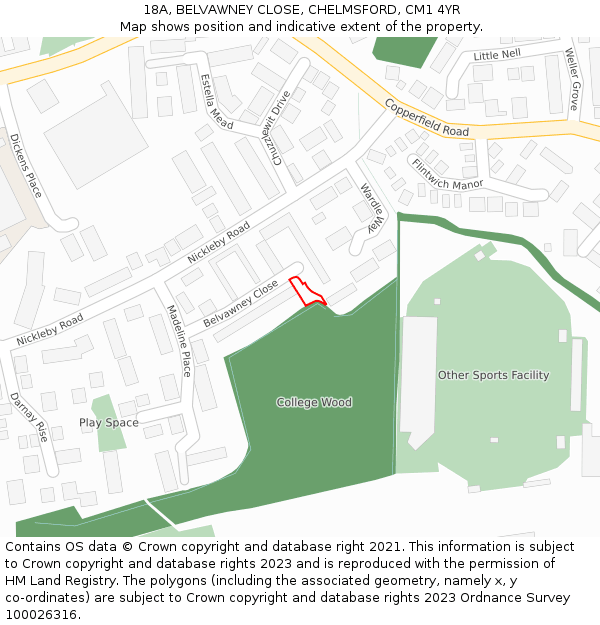 18A, BELVAWNEY CLOSE, CHELMSFORD, CM1 4YR: Location map and indicative extent of plot