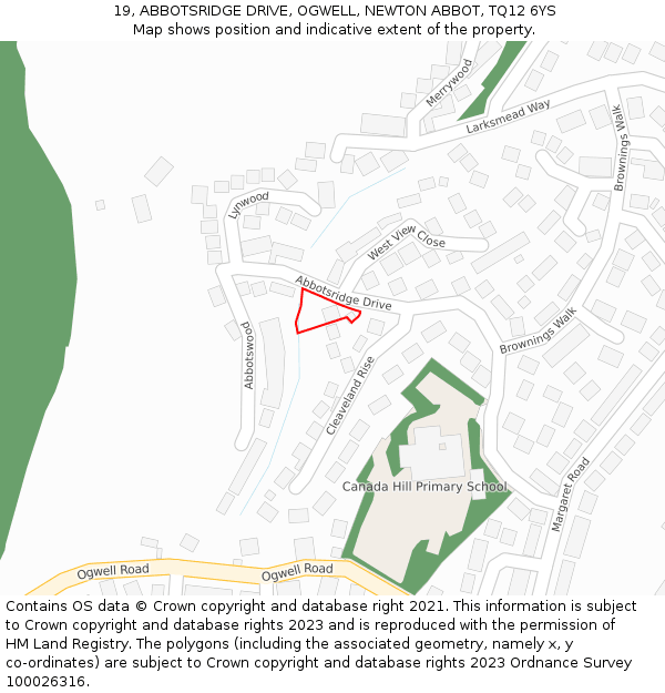 19, ABBOTSRIDGE DRIVE, OGWELL, NEWTON ABBOT, TQ12 6YS: Location map and indicative extent of plot