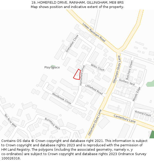 19, HOMEFIELD DRIVE, RAINHAM, GILLINGHAM, ME8 8RS: Location map and indicative extent of plot