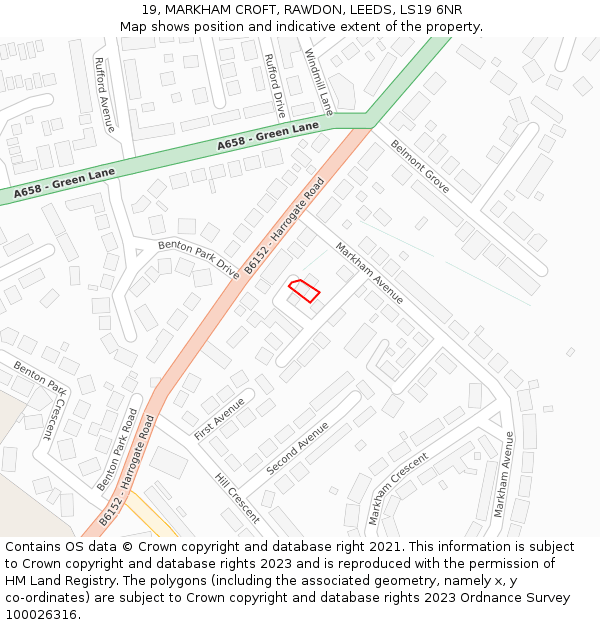 19, MARKHAM CROFT, RAWDON, LEEDS, LS19 6NR: Location map and indicative extent of plot