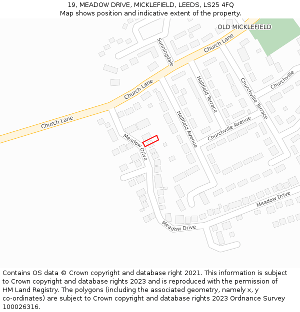 19, MEADOW DRIVE, MICKLEFIELD, LEEDS, LS25 4FQ: Location map and indicative extent of plot