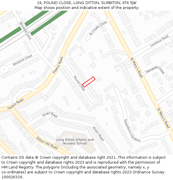 19, POUND CLOSE, LONG DITTON, SURBITON, KT6 5JW: Location map and indicative extent of plot