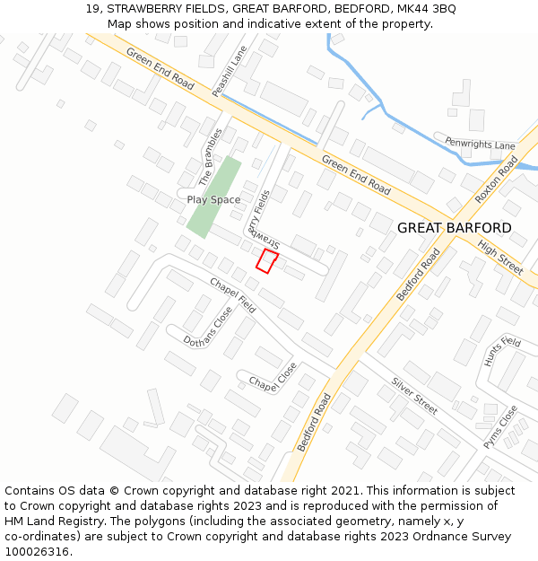 19, STRAWBERRY FIELDS, GREAT BARFORD, BEDFORD, MK44 3BQ: Location map and indicative extent of plot