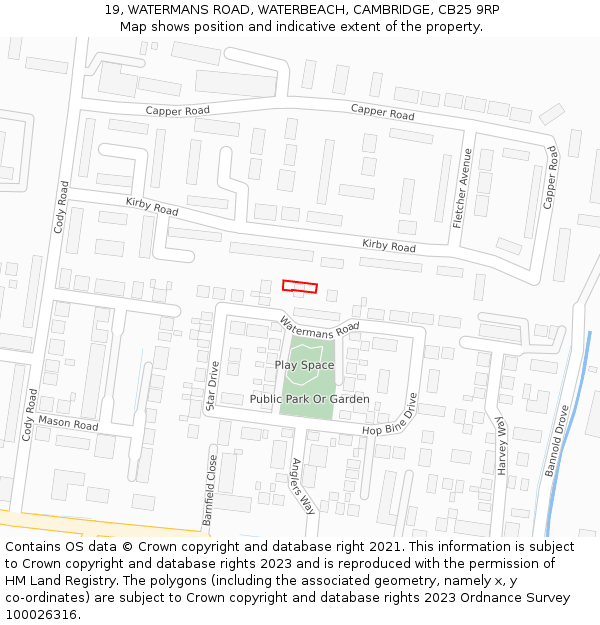 19, WATERMANS ROAD, WATERBEACH, CAMBRIDGE, CB25 9RP: Location map and indicative extent of plot