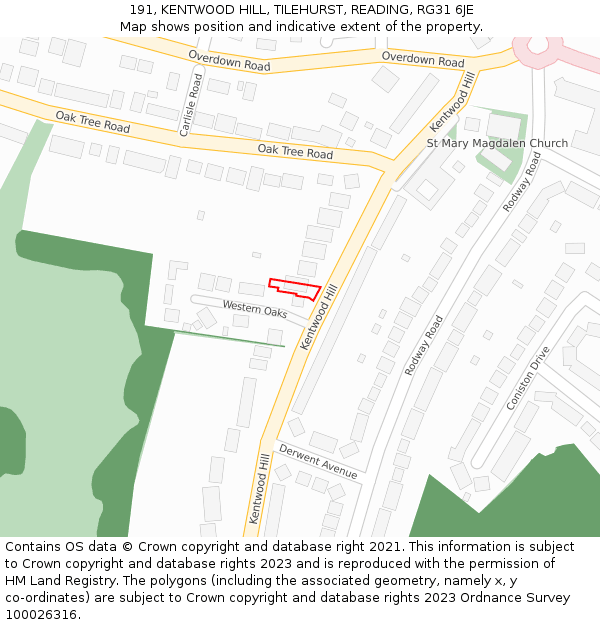 191, KENTWOOD HILL, TILEHURST, READING, RG31 6JE: Location map and indicative extent of plot