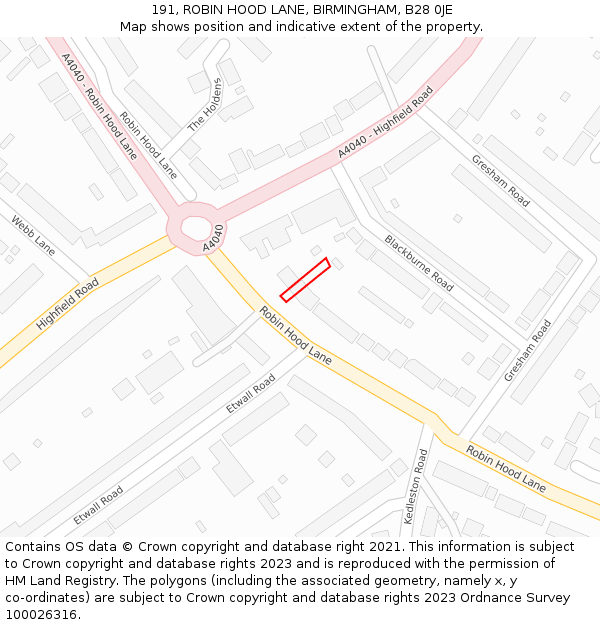 191, ROBIN HOOD LANE, BIRMINGHAM, B28 0JE: Location map and indicative extent of plot