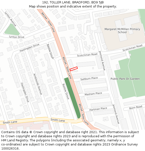 192, TOLLER LANE, BRADFORD, BD9 5JB: Location map and indicative extent of plot
