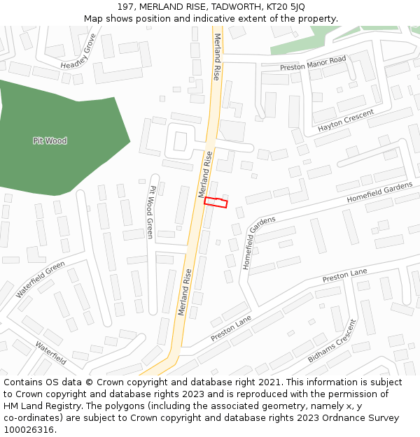 197, MERLAND RISE, TADWORTH, KT20 5JQ: Location map and indicative extent of plot