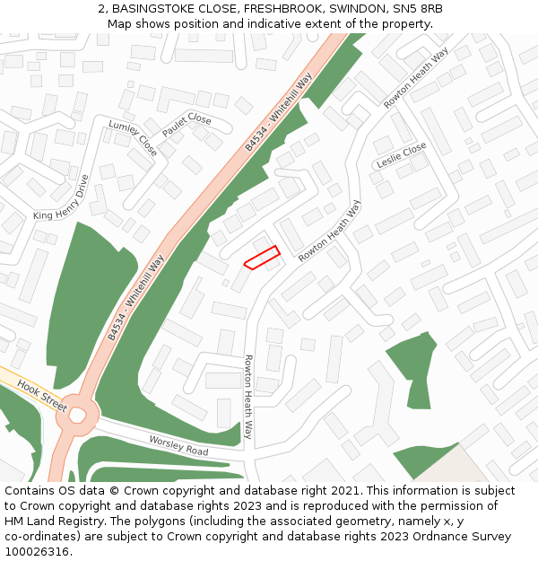 2, BASINGSTOKE CLOSE, FRESHBROOK, SWINDON, SN5 8RB: Location map and indicative extent of plot