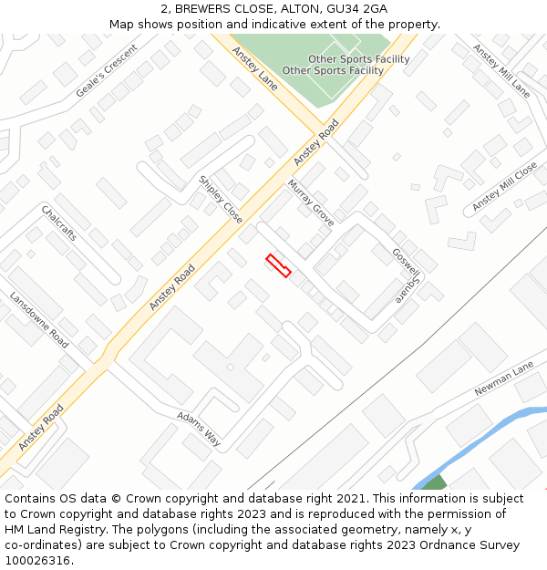 2, BREWERS CLOSE, ALTON, GU34 2GA: Location map and indicative extent of plot