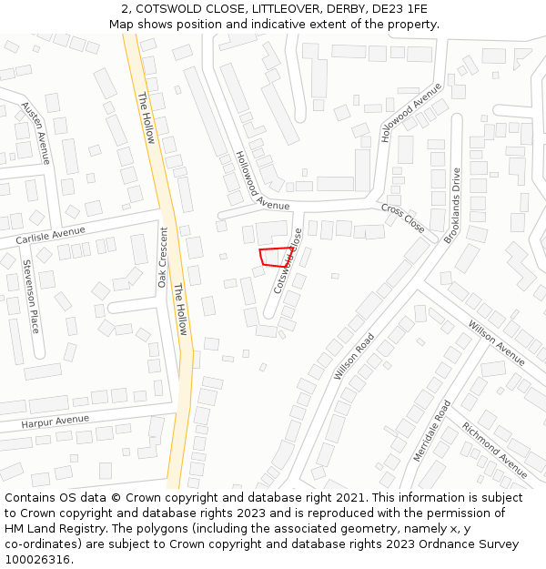 2, COTSWOLD CLOSE, LITTLEOVER, DERBY, DE23 1FE: Location map and indicative extent of plot