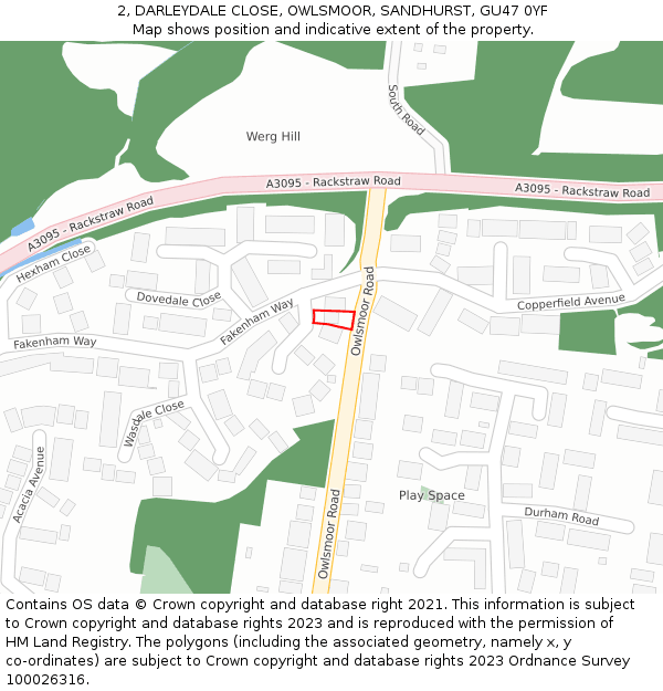 2, DARLEYDALE CLOSE, OWLSMOOR, SANDHURST, GU47 0YF: Location map and indicative extent of plot