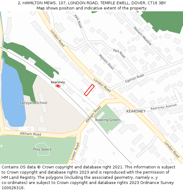 2, HAMILTON MEWS, 107, LONDON ROAD, TEMPLE EWELL, DOVER, CT16 3BY: Location map and indicative extent of plot