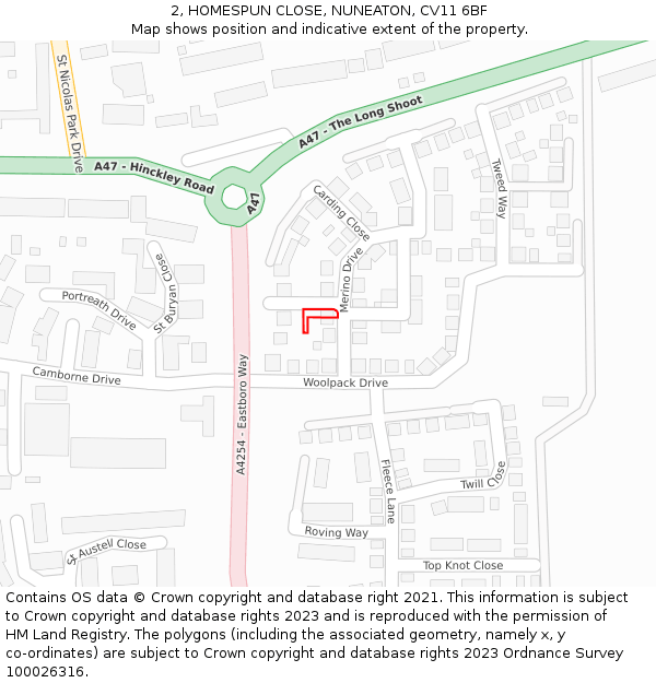 2, HOMESPUN CLOSE, NUNEATON, CV11 6BF: Location map and indicative extent of plot