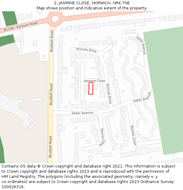 2, JASMINE CLOSE, NORWICH, NR4 7NE: Location map and indicative extent of plot