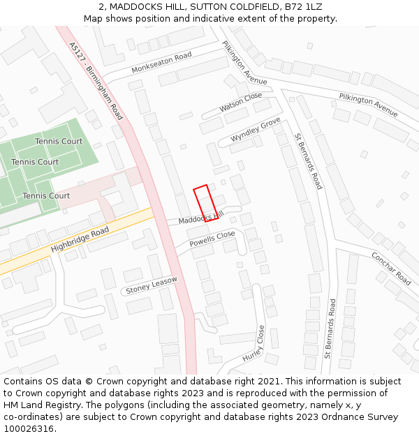 2, MADDOCKS HILL, SUTTON COLDFIELD, B72 1LZ: Location map and indicative extent of plot