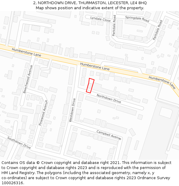 2, NORTHDOWN DRIVE, THURMASTON, LEICESTER, LE4 8HQ: Location map and indicative extent of plot