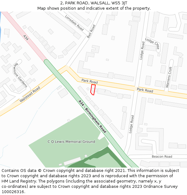 2, PARK ROAD, WALSALL, WS5 3JT: Location map and indicative extent of plot