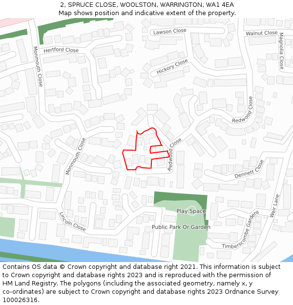 2, SPRUCE CLOSE, WOOLSTON, WARRINGTON, WA1 4EA: Location map and indicative extent of plot