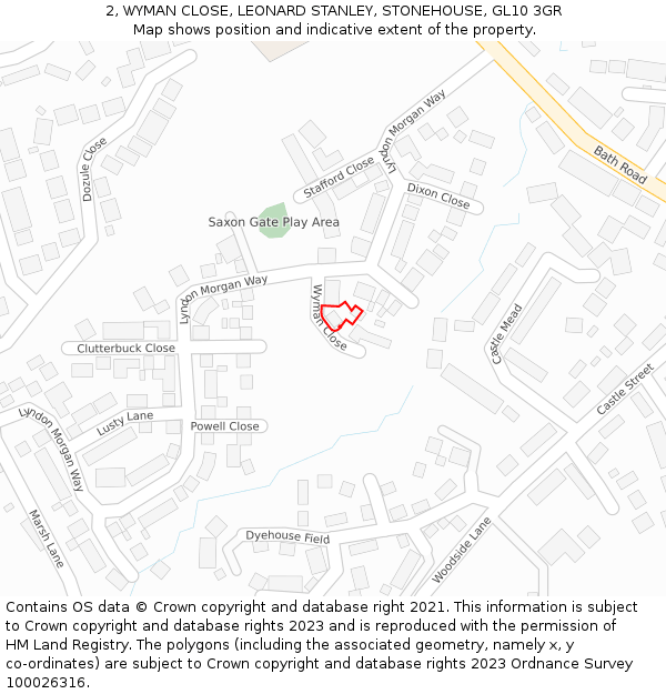 2, WYMAN CLOSE, LEONARD STANLEY, STONEHOUSE, GL10 3GR: Location map and indicative extent of plot
