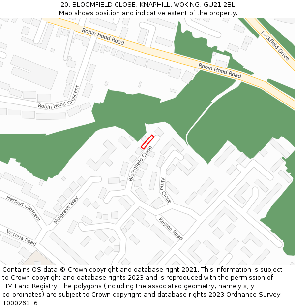 20, BLOOMFIELD CLOSE, KNAPHILL, WOKING, GU21 2BL: Location map and indicative extent of plot