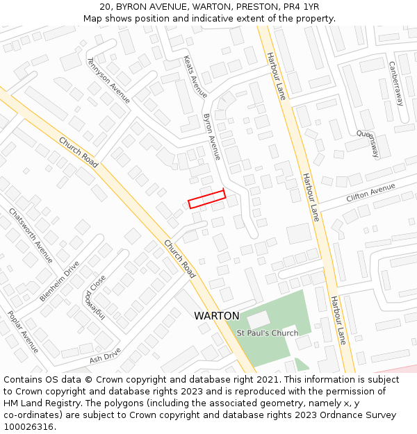 20, BYRON AVENUE, WARTON, PRESTON, PR4 1YR: Location map and indicative extent of plot