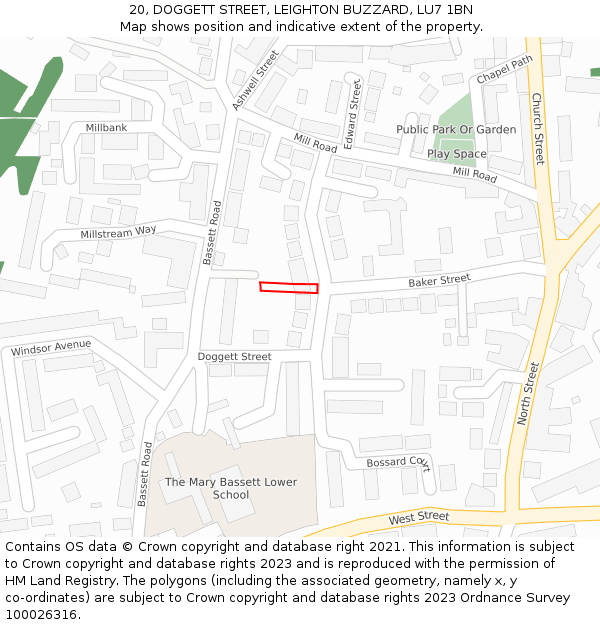 20, DOGGETT STREET, LEIGHTON BUZZARD, LU7 1BN: Location map and indicative extent of plot