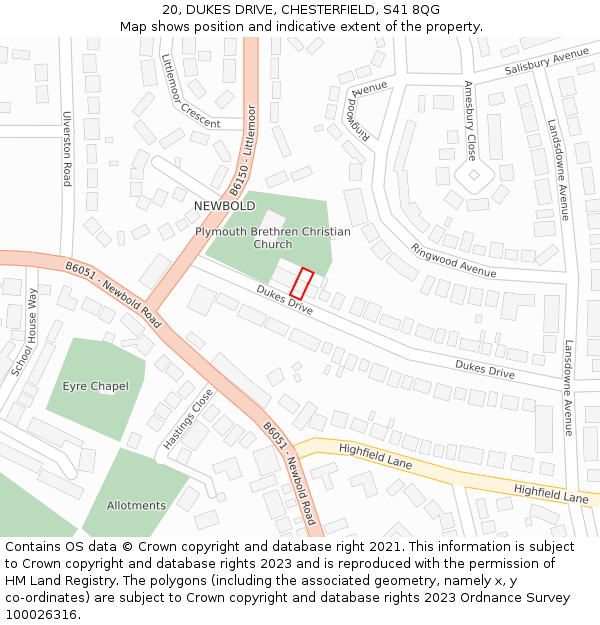 20, DUKES DRIVE, CHESTERFIELD, S41 8QG: Location map and indicative extent of plot