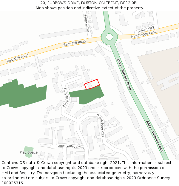 20, FURROWS DRIVE, BURTON-ON-TRENT, DE13 0RH: Location map and indicative extent of plot