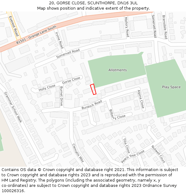 20, GORSE CLOSE, SCUNTHORPE, DN16 3UL: Location map and indicative extent of plot
