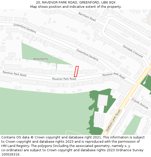 20, RAVENOR PARK ROAD, GREENFORD, UB6 9QX: Location map and indicative extent of plot