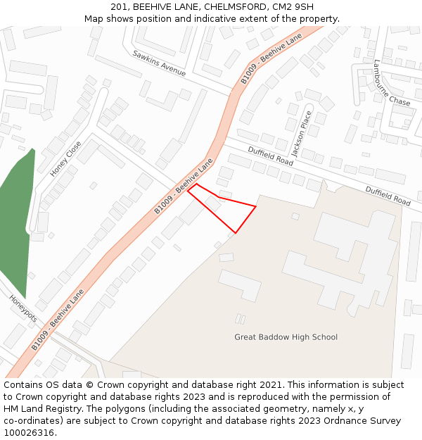 201, BEEHIVE LANE, CHELMSFORD, CM2 9SH: Location map and indicative extent of plot