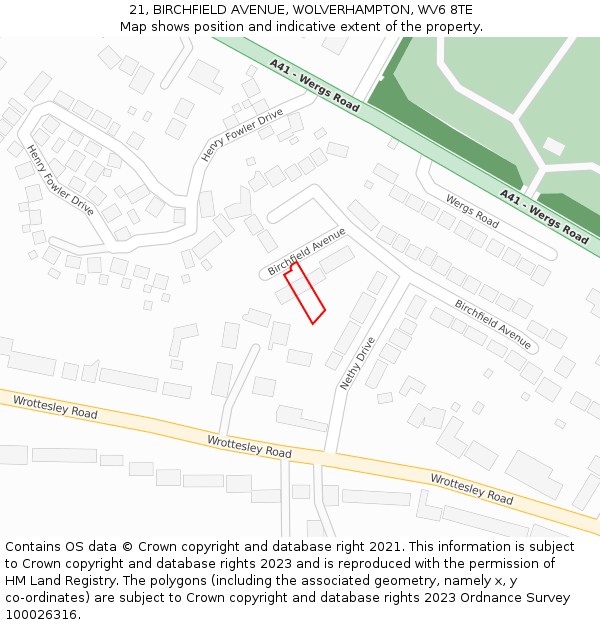 21, BIRCHFIELD AVENUE, WOLVERHAMPTON, WV6 8TE: Location map and indicative extent of plot