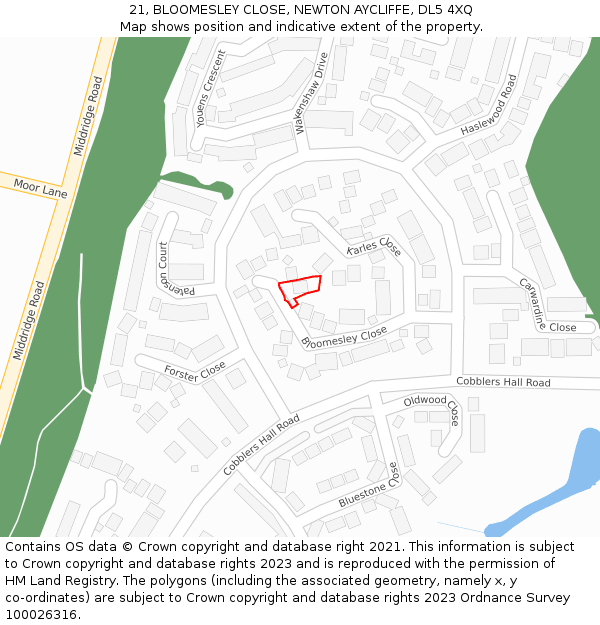 21, BLOOMESLEY CLOSE, NEWTON AYCLIFFE, DL5 4XQ: Location map and indicative extent of plot