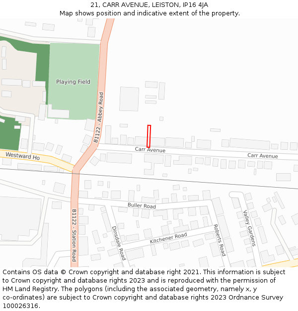 21, CARR AVENUE, LEISTON, IP16 4JA: Location map and indicative extent of plot