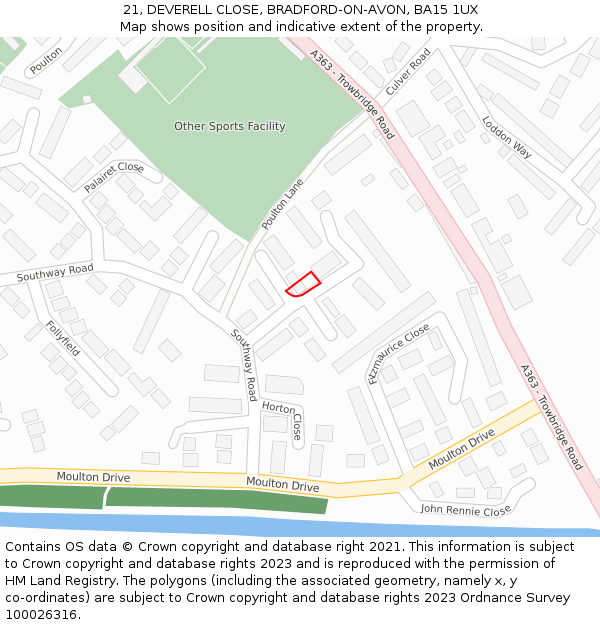 21, DEVERELL CLOSE, BRADFORD-ON-AVON, BA15 1UX: Location map and indicative extent of plot