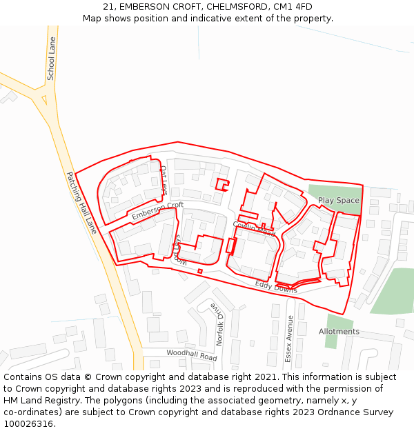 21, EMBERSON CROFT, CHELMSFORD, CM1 4FD: Location map and indicative extent of plot