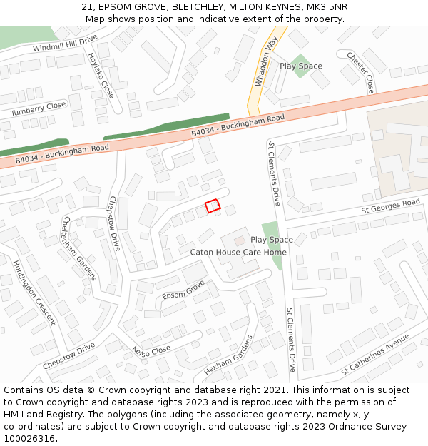 21, EPSOM GROVE, BLETCHLEY, MILTON KEYNES, MK3 5NR: Location map and indicative extent of plot