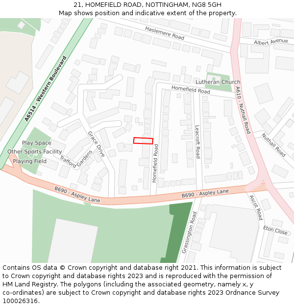 21, HOMEFIELD ROAD, NOTTINGHAM, NG8 5GH: Location map and indicative extent of plot