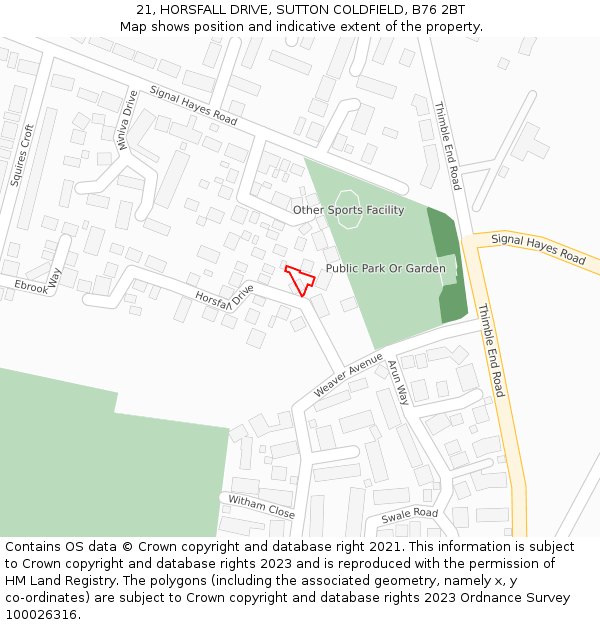 21, HORSFALL DRIVE, SUTTON COLDFIELD, B76 2BT: Location map and indicative extent of plot