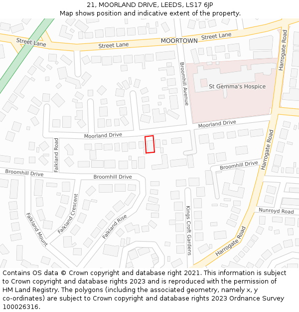 21, MOORLAND DRIVE, LEEDS, LS17 6JP: Location map and indicative extent of plot
