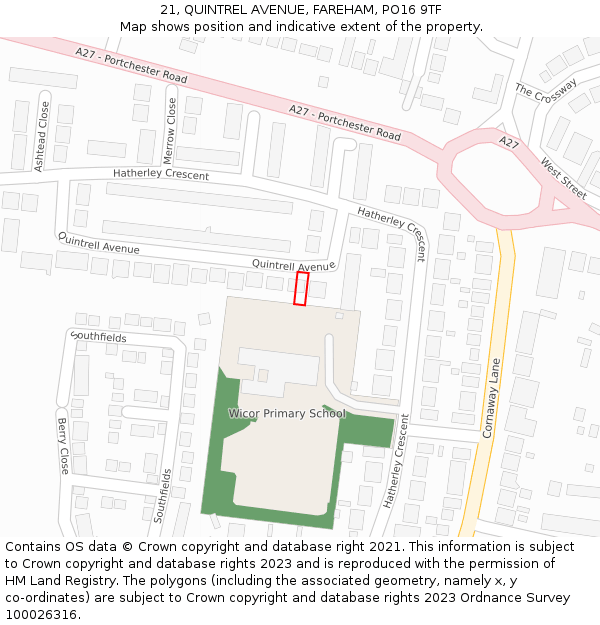 21, QUINTREL AVENUE, FAREHAM, PO16 9TF: Location map and indicative extent of plot