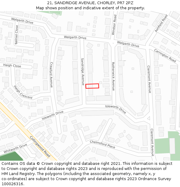 21, SANDRIDGE AVENUE, CHORLEY, PR7 2PZ: Location map and indicative extent of plot