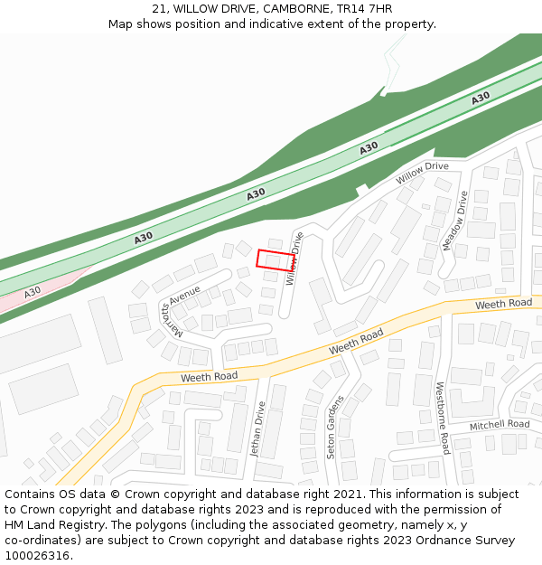 21, WILLOW DRIVE, CAMBORNE, TR14 7HR: Location map and indicative extent of plot