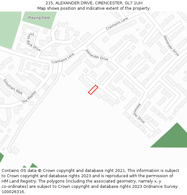 215, ALEXANDER DRIVE, CIRENCESTER, GL7 1UH: Location map and indicative extent of plot