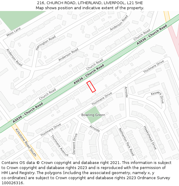 216, CHURCH ROAD, LITHERLAND, LIVERPOOL, L21 5HE: Location map and indicative extent of plot